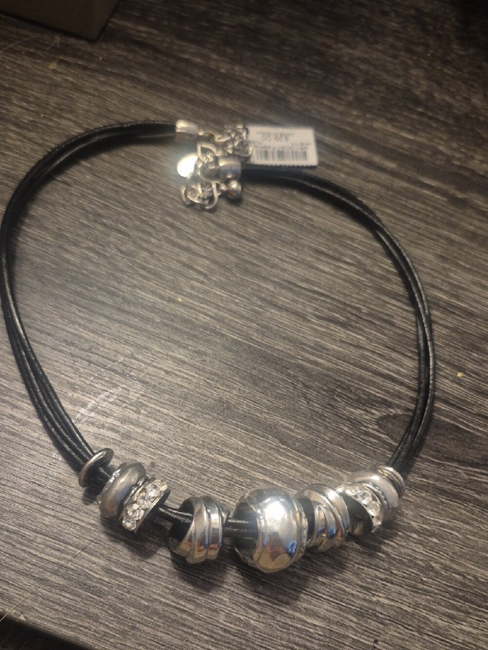 CHICO'S Arietta 3 Strand Black Leather Cord Silver Sliding Bead Necklace  NWT